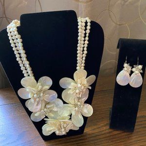Statement Necklace:  Seed Pearl and Shell Necklace / earrings set